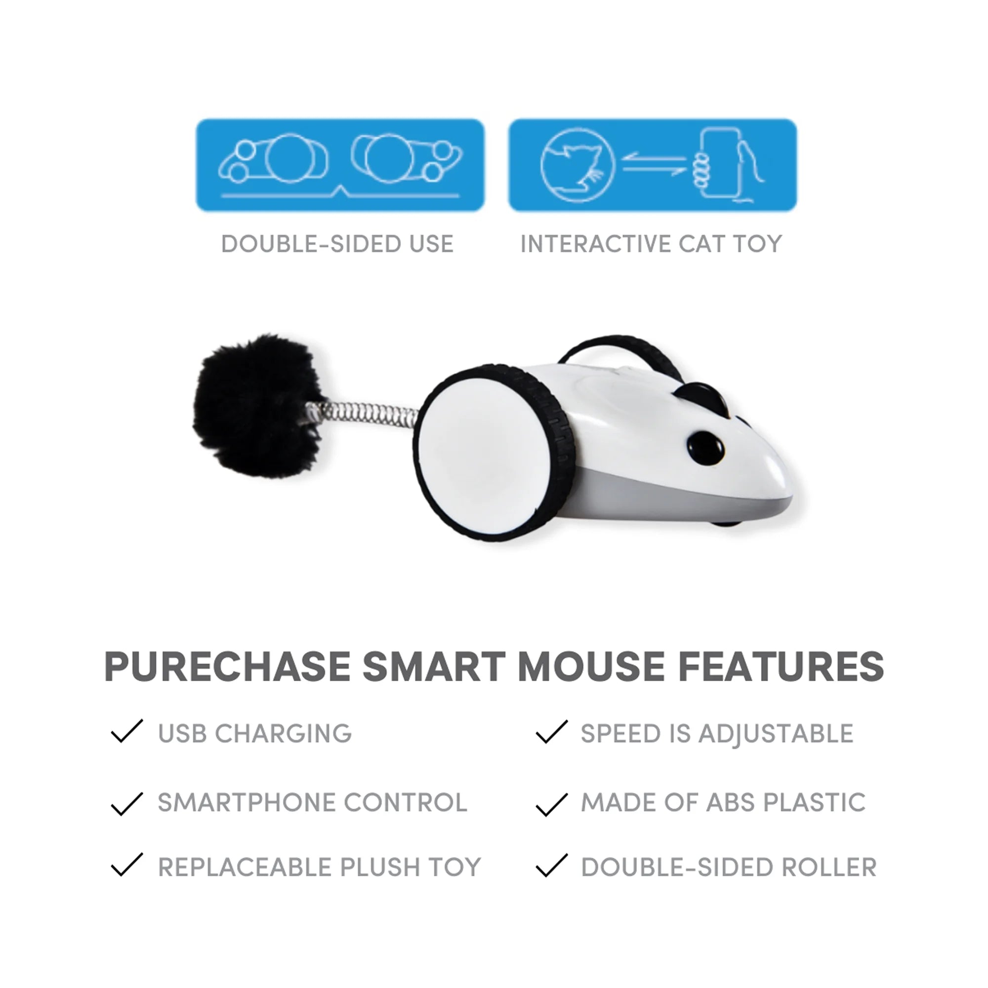 Purechase Smart Cat Toy, Interactive Automatic Mouse Shaped Toy for Pets, App Enabled with Adjustable Speed, Flip Modes, Replaceable Plush Tail and USB Charging for Kittens and Dogs