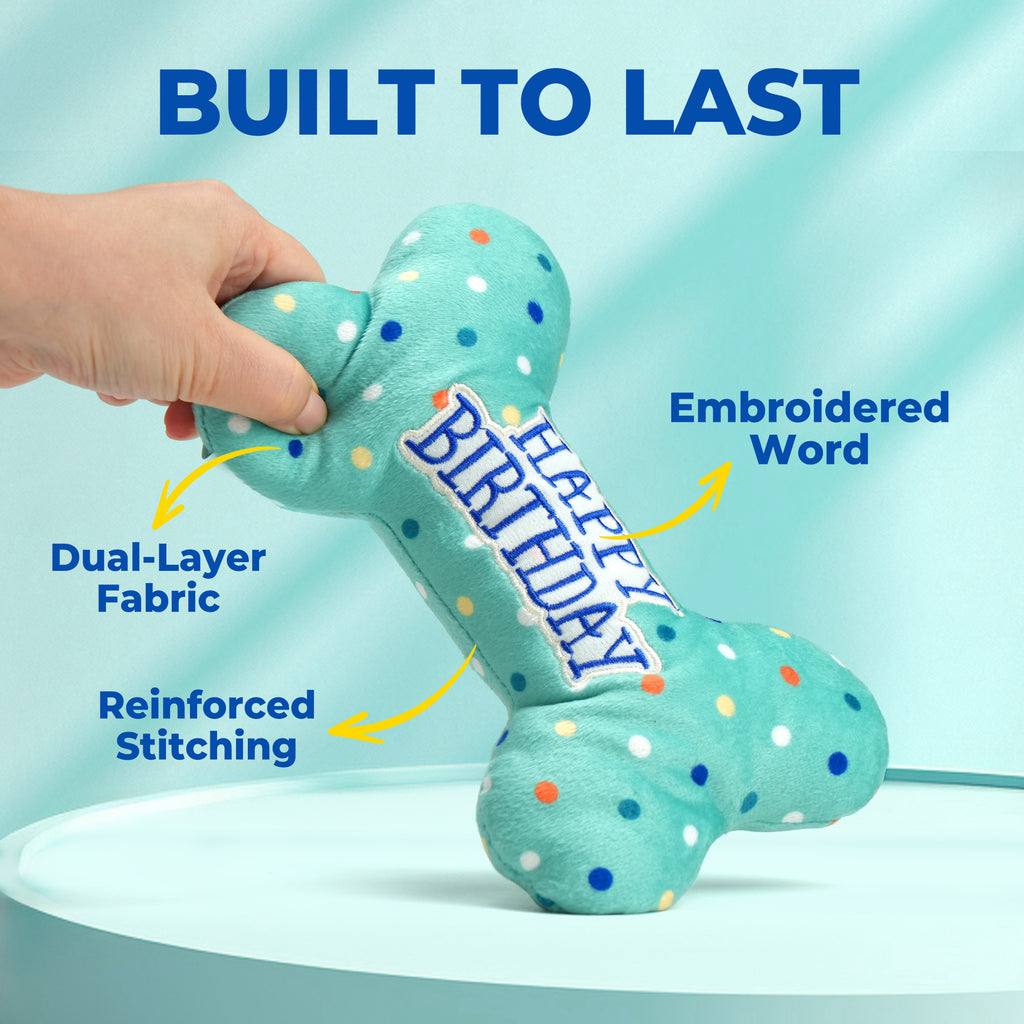 Dog Birthday Toys, Plush Dog Squeaky Toys, Dog Chew Toys Bone for Small Medium Large Dogs