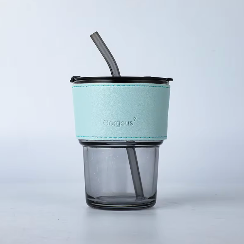 High Quality Sippy Cup with Jacket Drink Juice Portable Cup Coffee Glass Mug Leather and Straw Custom Wedding Gift Cups