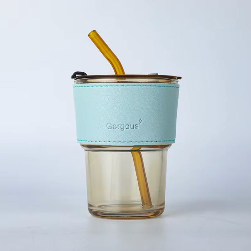 High Quality Sippy Cup with Jacket Drink Juice Portable Cup Coffee Glass Mug Leather and Straw Custom Wedding Gift Cups