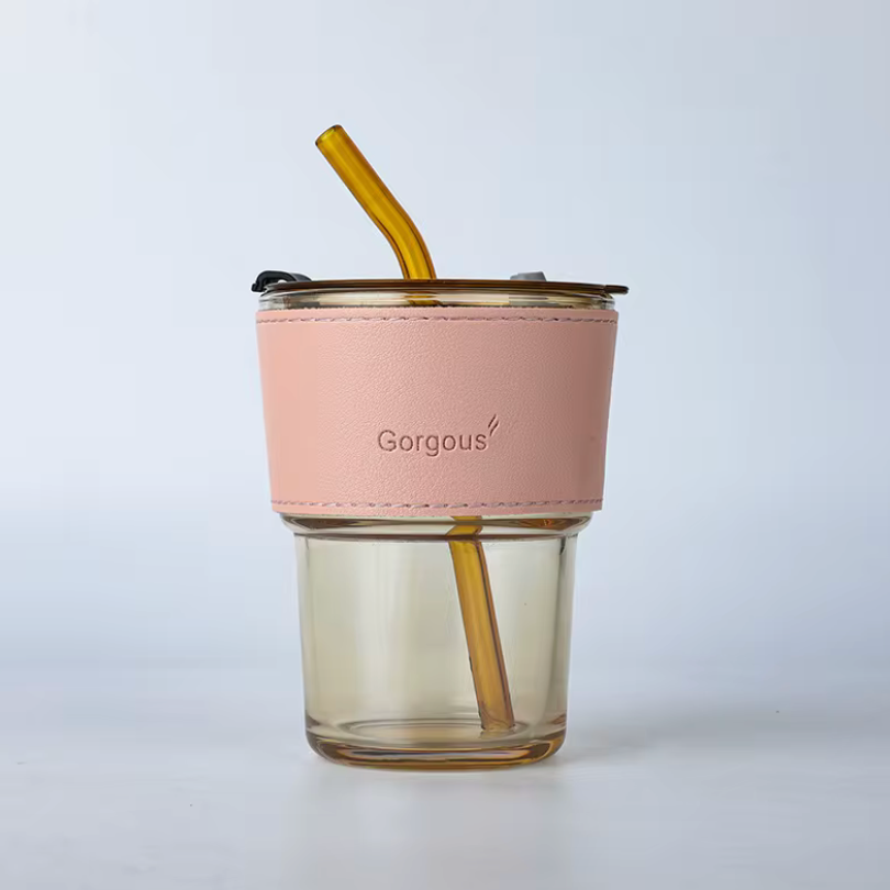 High Quality Sippy Cup with Jacket Drink Juice Portable Cup Coffee Glass Mug Leather and Straw Custom Wedding Gift Cups