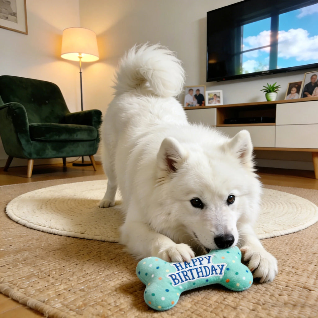 Dog Birthday Toys, Plush Dog Squeaky Toys, Dog Chew Toys Bone for Small Medium Large Dogs