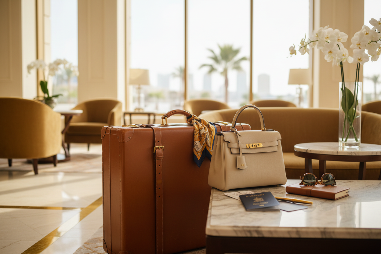 make an image for a featured photo that's associated with travel for a luxury luggage, handbag and accessories brand 